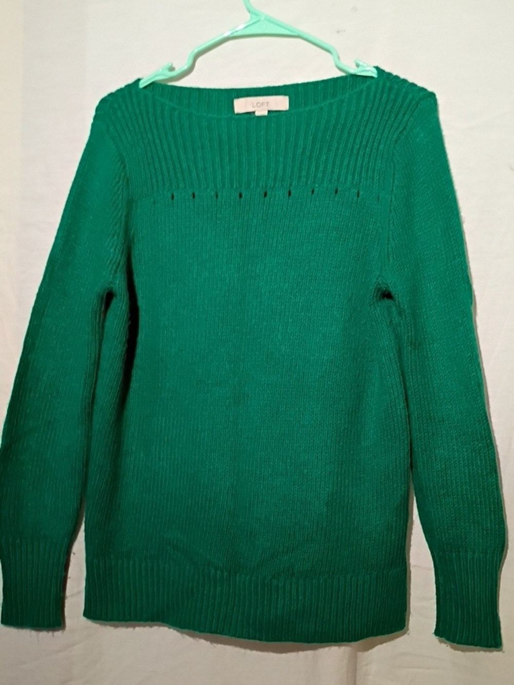 LOFT Emerald Green Cotton Ribbed Knit Boatneck Sweater, Sz 12, NWOT
